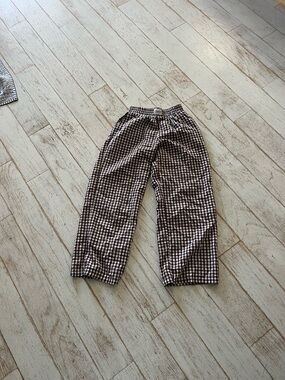 Gingham Elastic Waist Wide Leg Pants - Brown & White